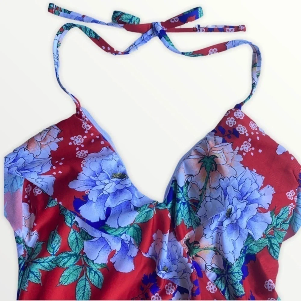 Cleanwater red multicolor floral print one piece halter ruffle bathing suit